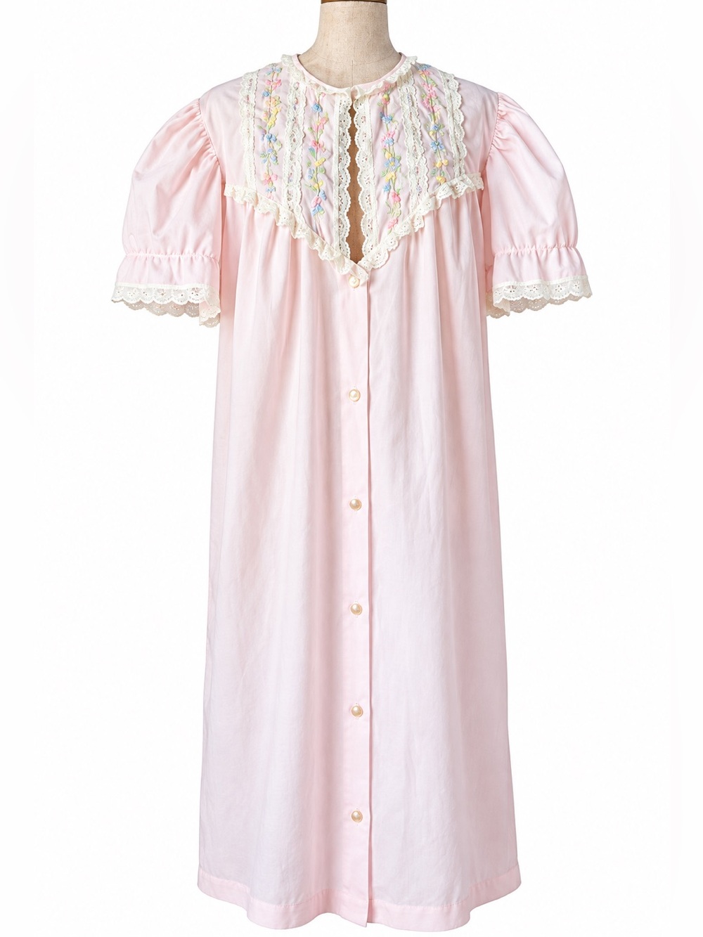 Vintage Gilead Pink Hostess Gown Housecoat Embroidered Lace Duster Robe USA M